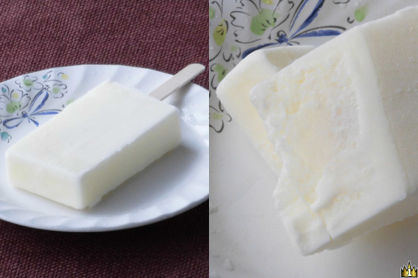 ココナッツミルク味のかき氷とソースをココナッツミルクアイスで包んだアイスバー。