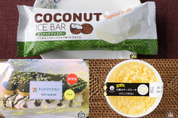 3位:サークルＫサンクス「天使のチーズケーキ」、2位:セブン-イレブン「チョコバナナエクレア」、1位:ファミリーマート「ココナッツアイスバー」